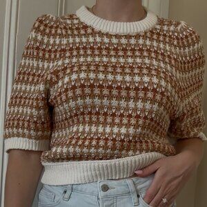 UNIVERSAL THREAD | Brown White Short Puff Sleeve Woven Sweater Size M